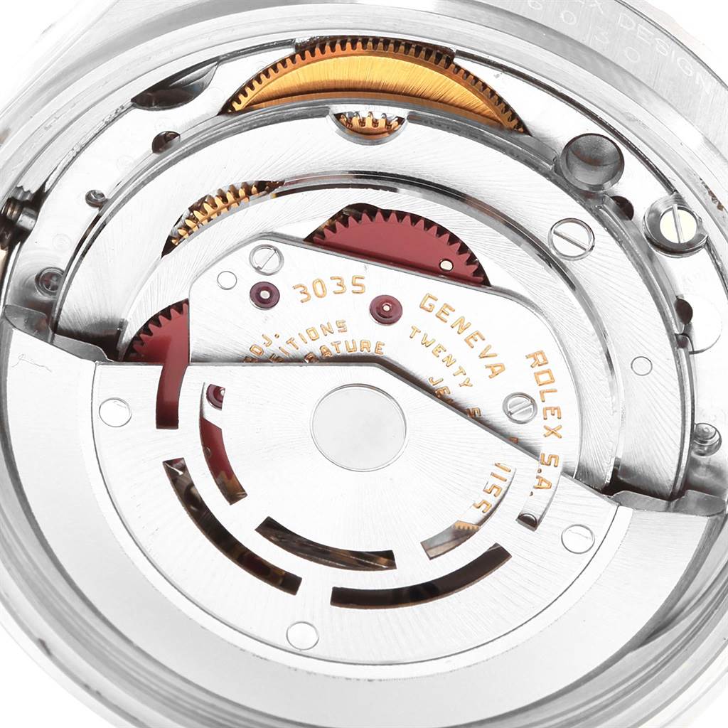 This image shows the movement mechanism of a Rolex Datejust 16030 Men
s Stainless Steel Silver Dial 16030 Men
s Stainless Steel Silver Dial watch, highlighting the intricate gears and inscriptions.