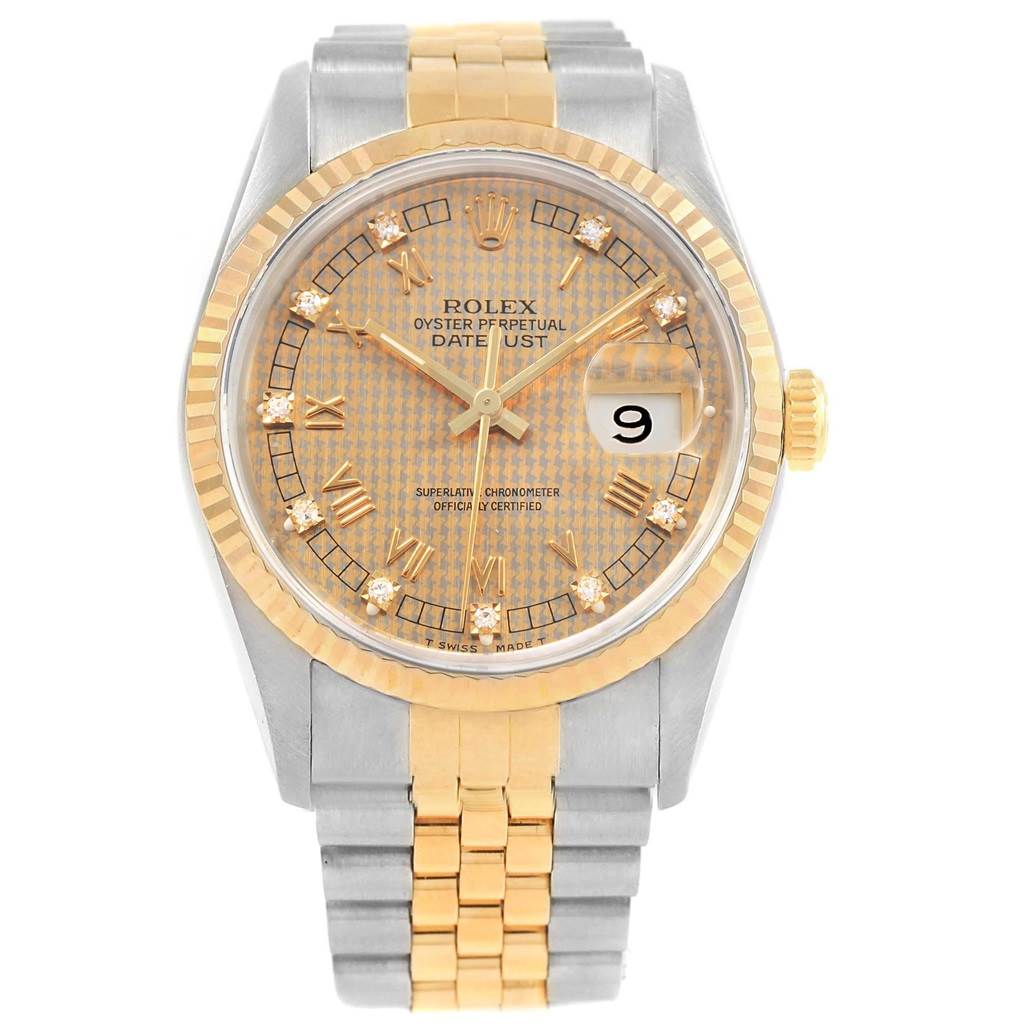 The image shows a Rolex Datejust 16233 Men's Steel and Gold (two tone) Champagne Dial 16233 Men's Steel and Gold (two tone) Champagne Dial watch, displaying the face, dial, bracelet, and crown from a front angle.