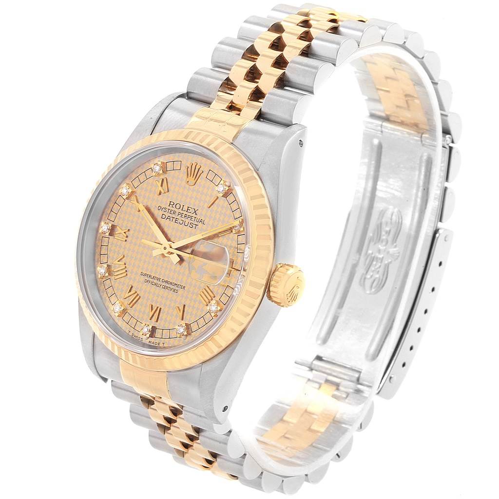 The Rolex Datejust 16233 Men's Steel and Gold (two tone) Champagne Dial 16233 Men's Steel and Gold (two tone) Champagne Dial watch is shown at a 3/4 angle, displaying the watch face, bezel, crown, and part of the bracelet.