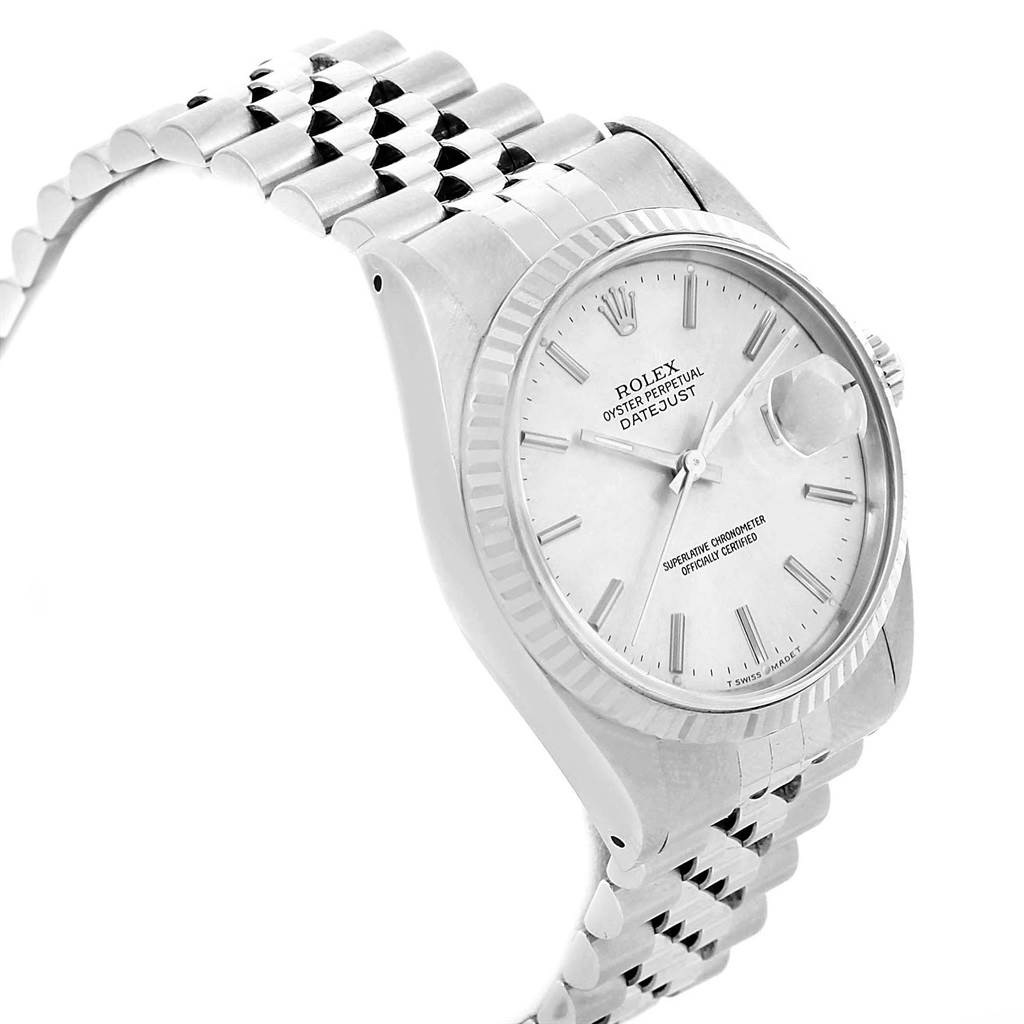 This image shows a side view of the Rolex Datejust 16234 Men's Stainless Steel White Dial 16234 Men's Stainless Steel White Dial watch, highlighting the dial, bezel, and bracelet.