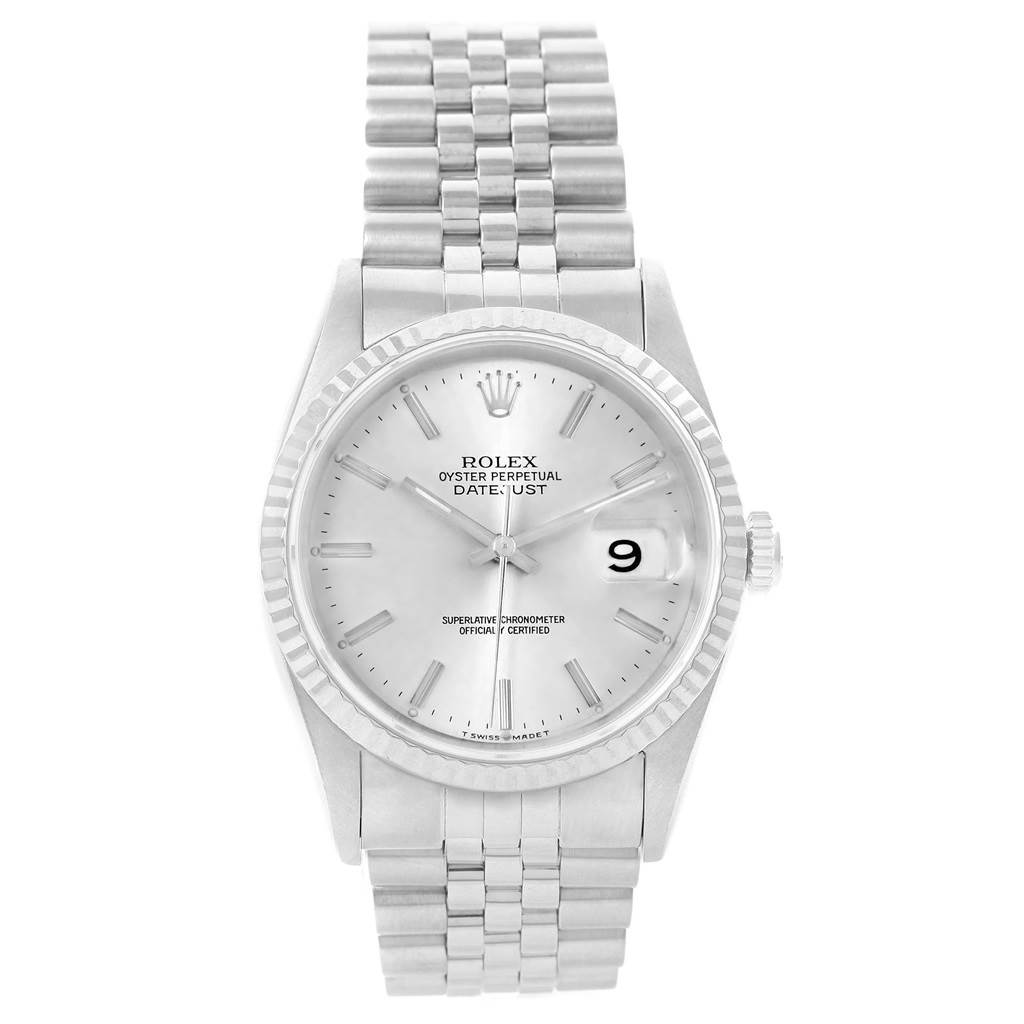 This image shows a Rolex Datejust 16234 Men's Stainless Steel White Dial 16234 Men's Stainless Steel White Dial watch from a top view, displaying its face, bezel, and bracelet.