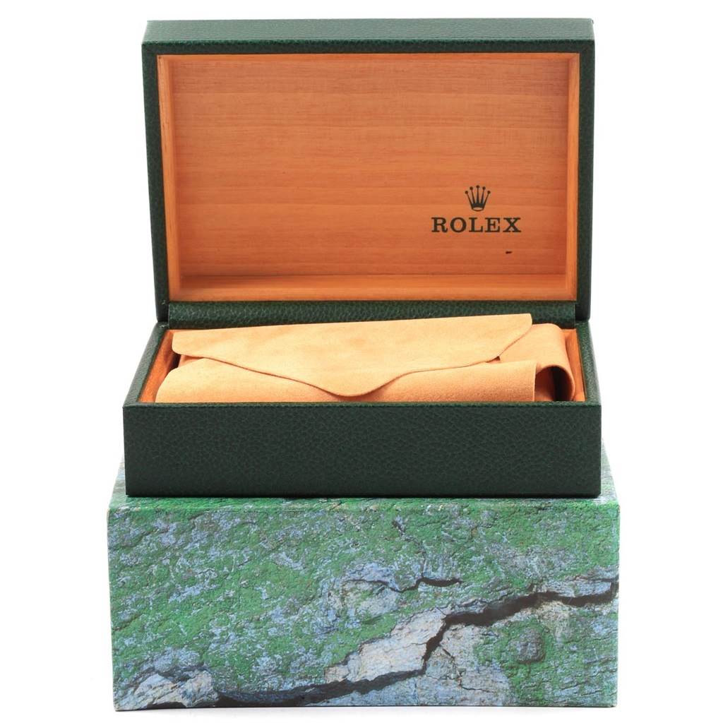 The image shows an open Rolex Datejust 16234 Men's Stainless Steel White Dial 16234 Men's Stainless Steel White Dial watch box with the interior and cushion visible.