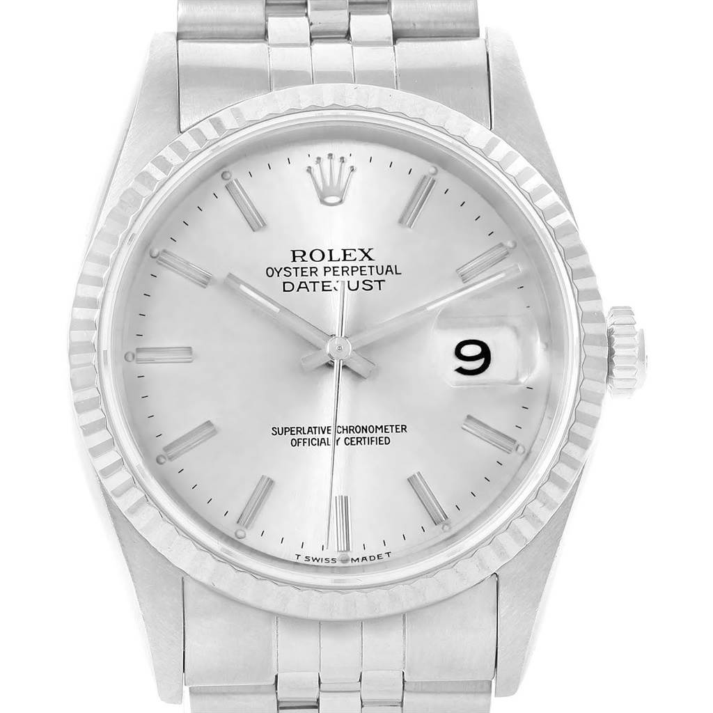 The image shows a front view of a Rolex Datejust 16234 Men's Stainless Steel White Dial 16234 Men's Stainless Steel White Dial watch, highlighting its dial, hands, bezel, and bracelet.