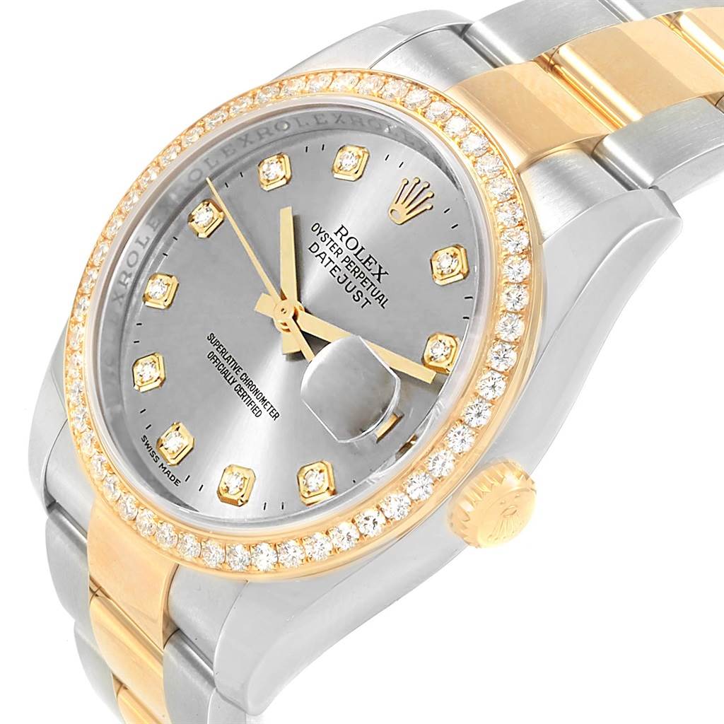 This image shows a close-up view of a Rolex Datejust 116243 Men's Stainless Steel Grey Dial 116243 Men's Stainless Steel Grey Dial watch, featuring its dial, bezel, and a portion of the bracelet.