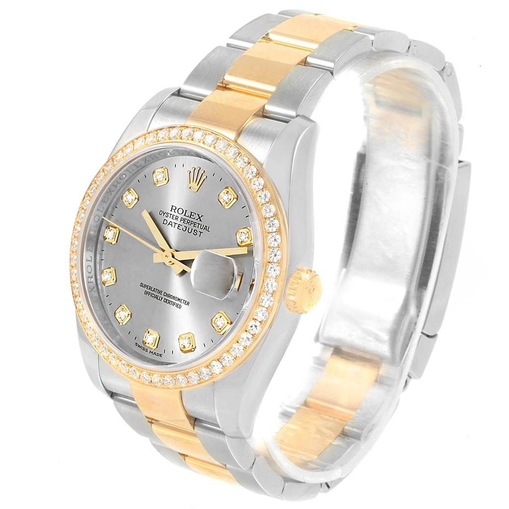 This image shows a Rolex Datejust 116243 Men's Stainless Steel Grey Dial 116243 Men's Stainless Steel Grey Dial watch from a front-side angle, highlighting the dial, bezel, and bracelet.