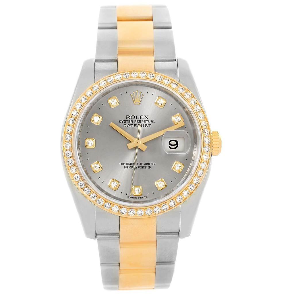 The image shows a frontal view of a Rolex Datejust 116243 Men's Stainless Steel Grey Dial 116243 Men's Stainless Steel Grey Dial watch with a two-tone band and a diamond-set bezel.