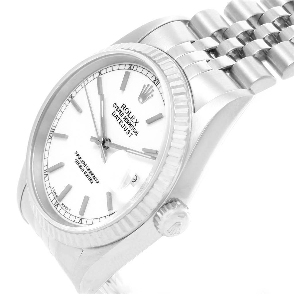 This image shows a side view of a Rolex Datejust 16234 Men's Stainless Steel White Dial 16234 Men's Stainless Steel White Dial watch, highlighting the crown, bezel, dial, and bracelet.