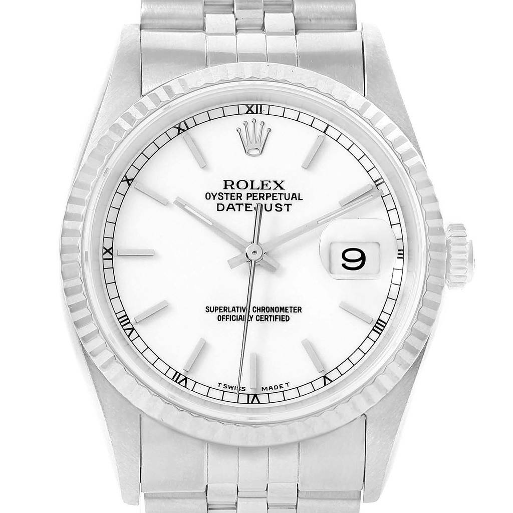This image shows a front view of the Rolex Datejust 16234 Men's Stainless Steel White Dial 16234 Men's Stainless Steel White Dial watch, featuring its dial, bezel, and bracelet.