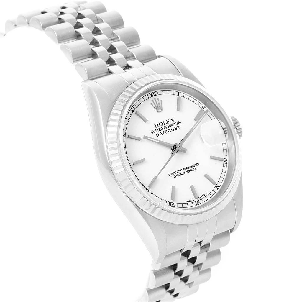 This image shows the face, bezel, and bracelet of a Rolex Datejust 16234 Men's Stainless Steel White Dial 16234 Men's Stainless Steel White Dial watch at a three-quarter angle.