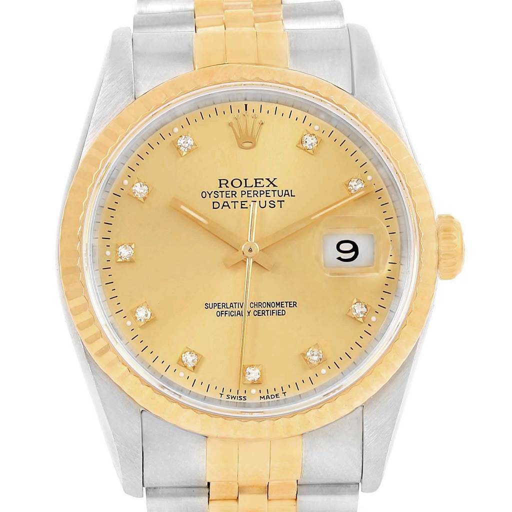 The image shows a frontal view of a Rolex Datejust 16233 Men's Steel and Gold (two tone) Champagne Dial 16233 Men's Steel and Gold (two tone) Champagne Dial watch, featuring a gold dial, diamond hour markers, and a two-tone bracelet.