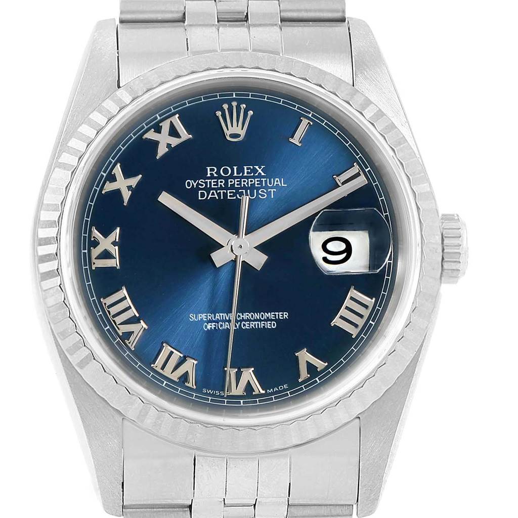 This image shows a frontal view of a Rolex Datejust 16234 Men's Stainless Steel Blue Dial 16234 Men's Stainless Steel Blue Dial watch with a blue dial and Roman numeral markers.