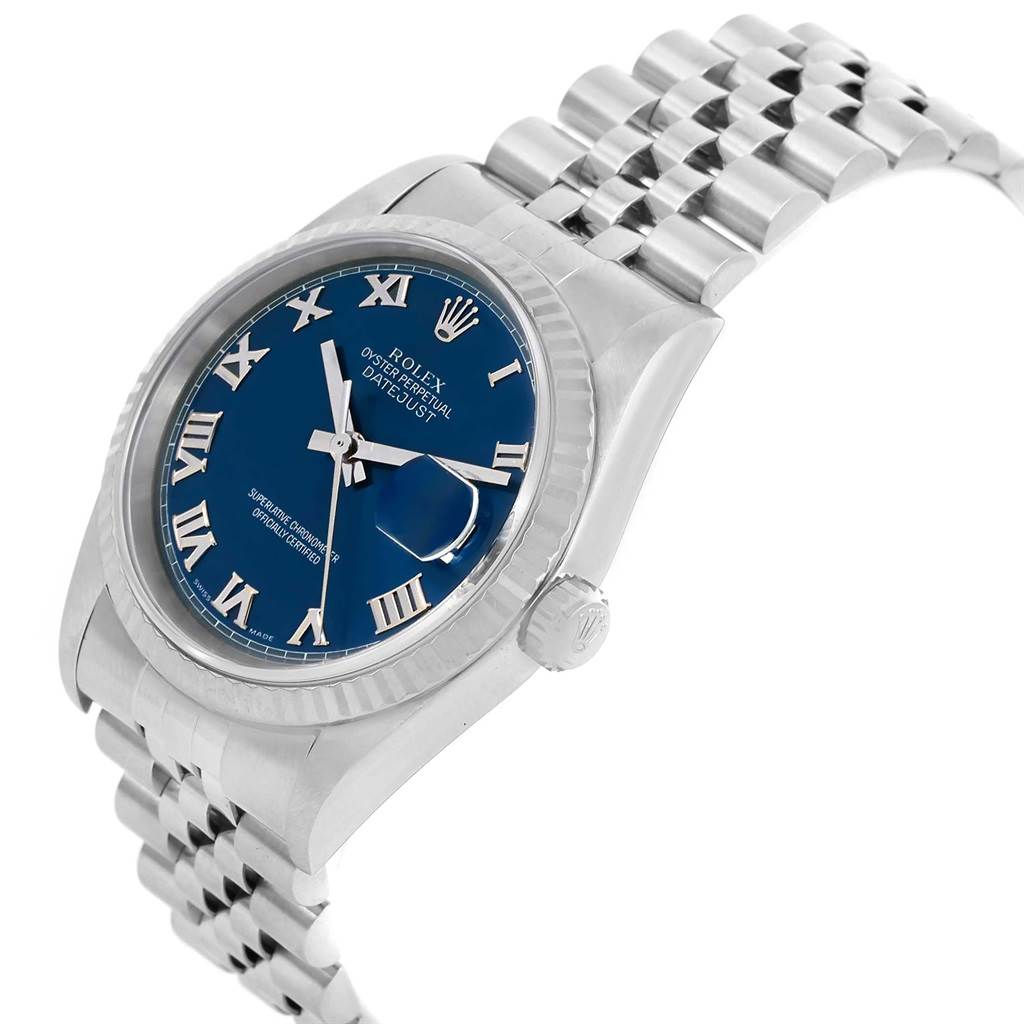 The Rolex Datejust 16234 Men's Stainless Steel Blue Dial 16234 Men's Stainless Steel Blue Dial watch is shown at a slight angle, displaying the dial, bezel, crown, and part of the bracelet.