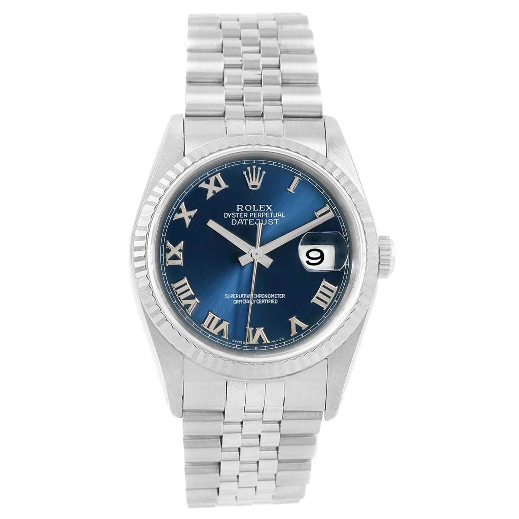 The image shows a front angle of a Rolex Datejust 16234 Men's Stainless Steel Blue Dial 16234 Men's Stainless Steel Blue Dial watch with a blue dial, Roman numerals, and a Jubilee bracelet.