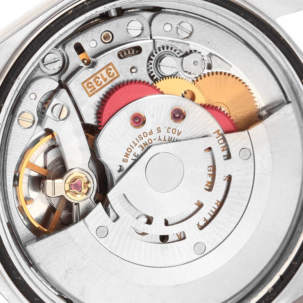 The image shows a close-up view of the mechanical movement inside a Rolex Datejust 16234 Men's Stainless Steel Blue Dial 16234 Men's Stainless Steel Blue Dial watch.