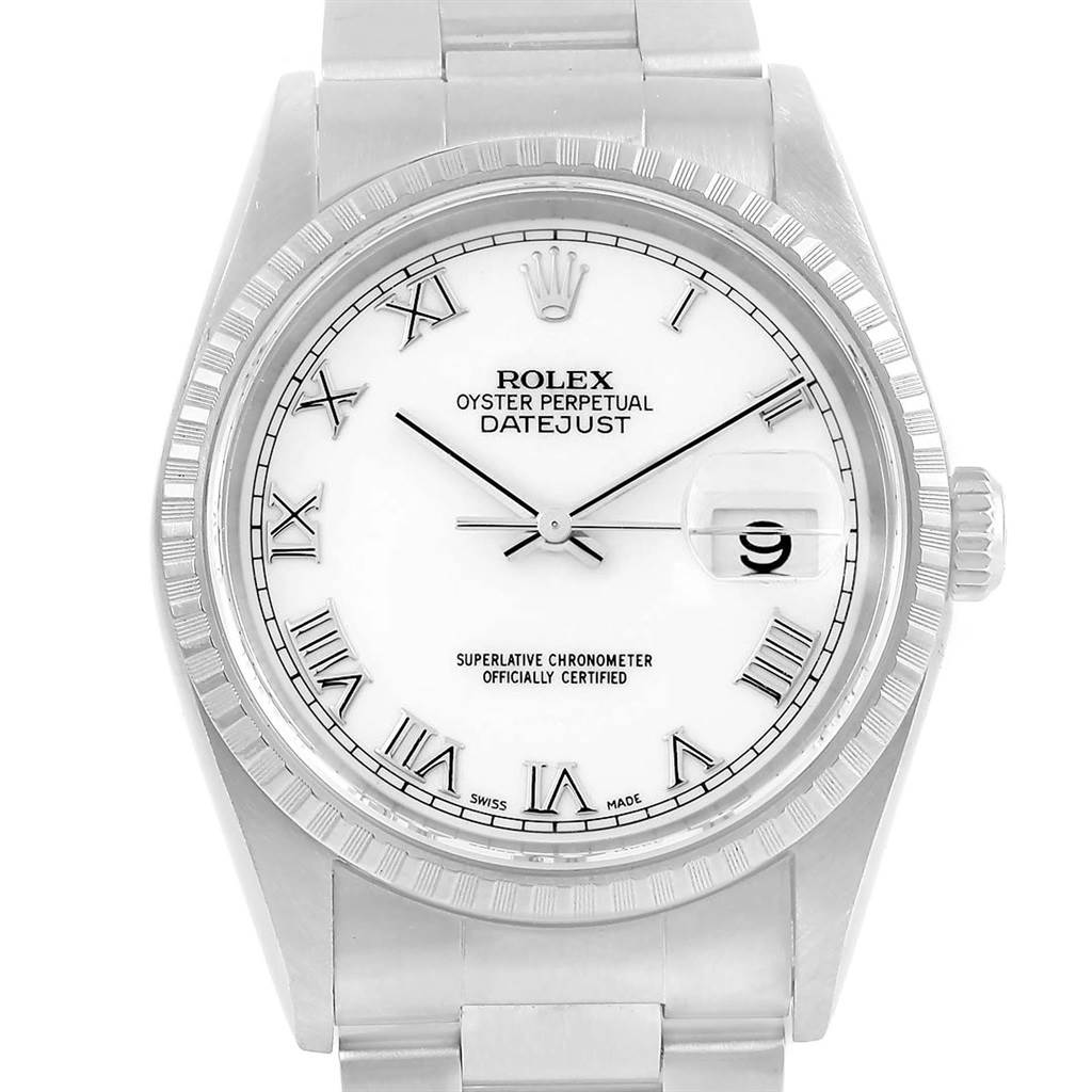This image shows a front view of a Rolex Datejust 16220 Men's Stainless Steel White Dial 16220 Men's Stainless Steel White Dial model, highlighting the dial, bezel, and part of the bracelet.