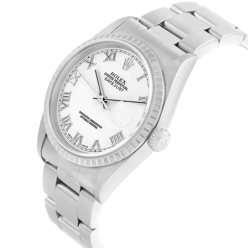 The Rolex Datejust 16220 Men's Stainless Steel White Dial 16220 Men's Stainless Steel White Dial watch is shown at a tilted angle, displaying the face, bezel, crown, and part of the bracelet.