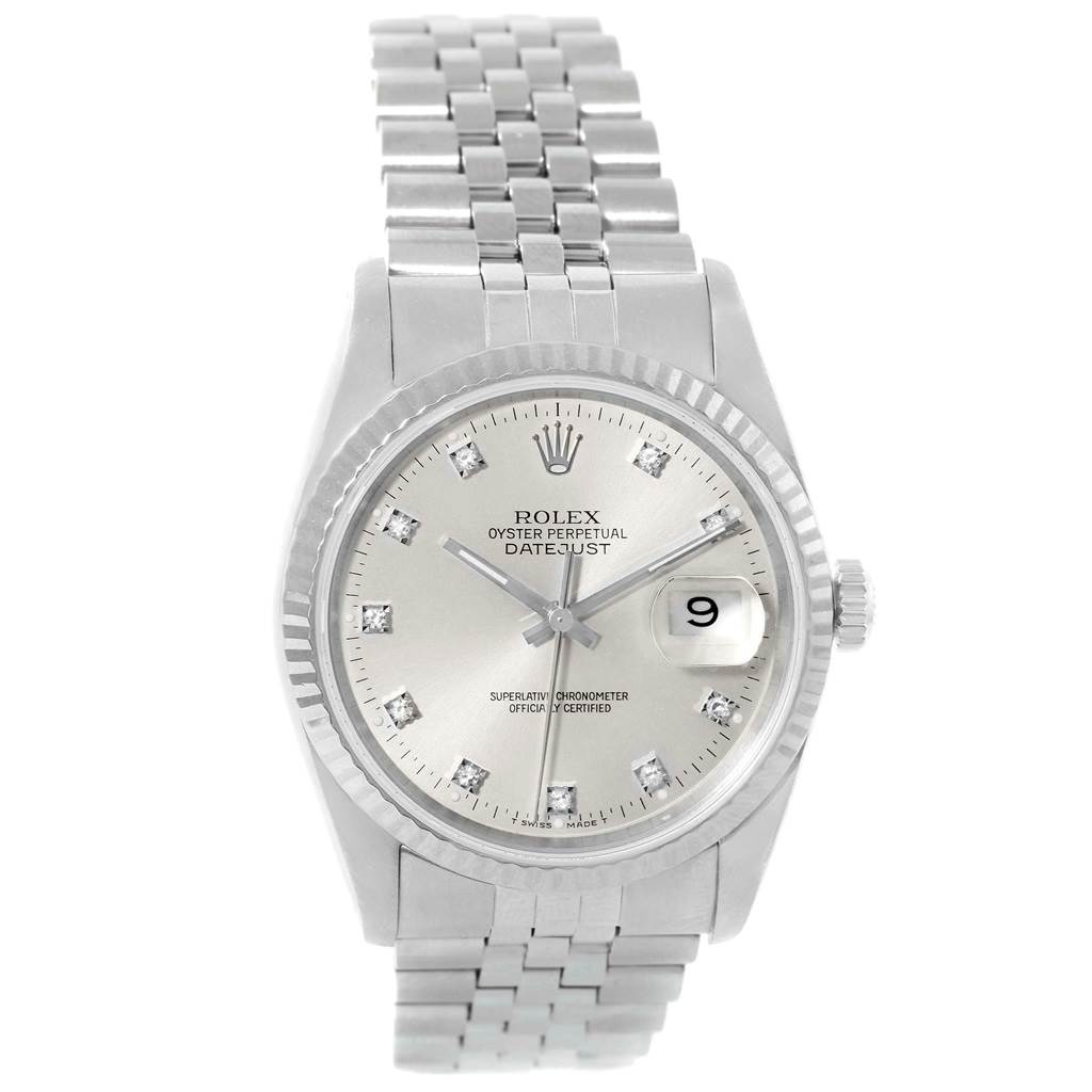 The Rolex Datejust 16234 Men's Stainless Steel Silver Dial 16234 Men's Stainless Steel Silver Dial watch is shown from a top view, displaying its dial, bracelet, crown, and date magnifier.
