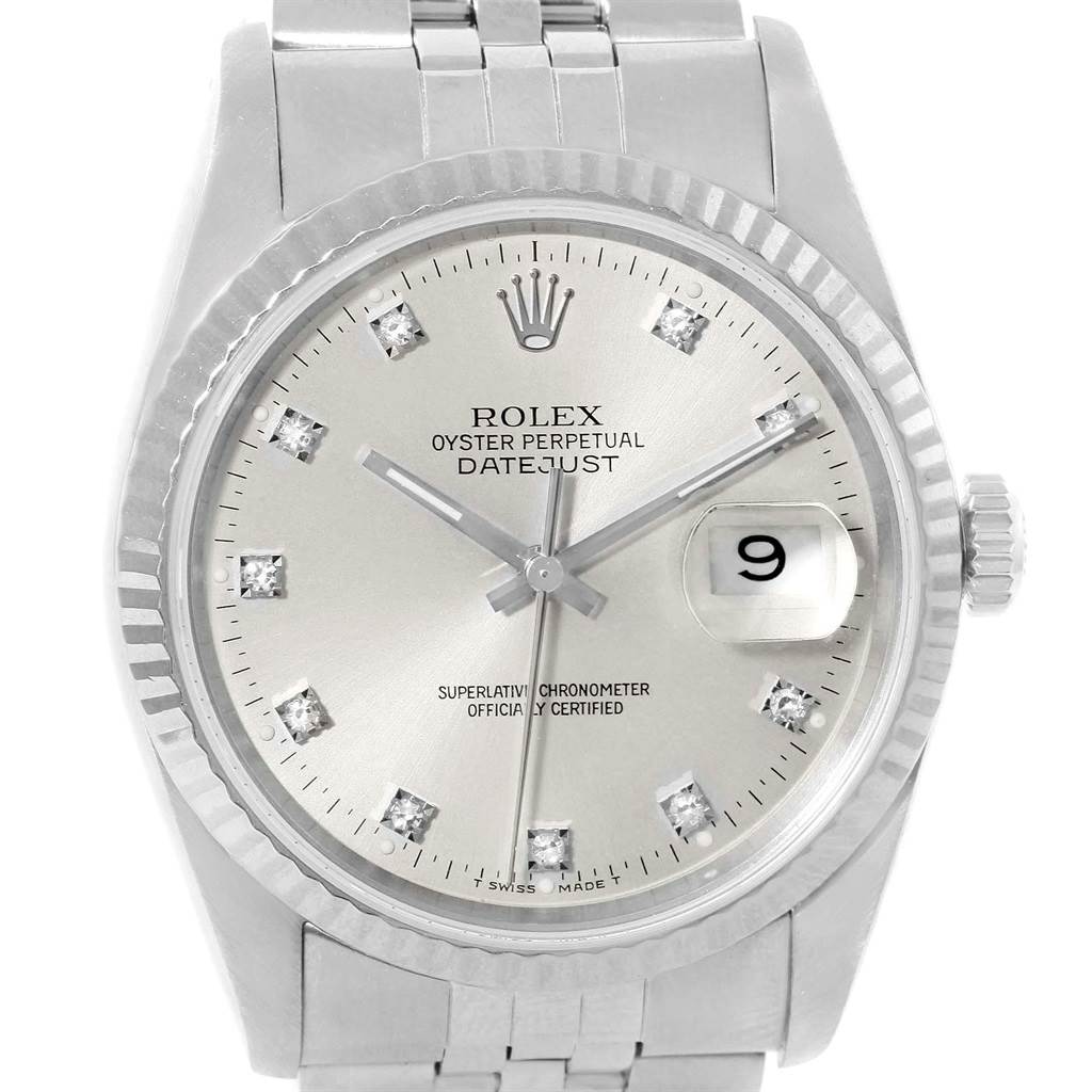This Rolex Datejust 16234 Men's Stainless Steel Silver Dial 16234 Men's Stainless Steel Silver Dial watch is shown from the front, displaying its dial, hands, bezel, date window, and part of its bracelet.