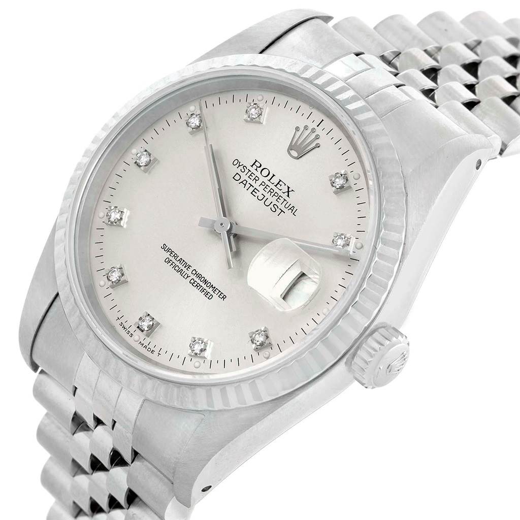 The image shows a Rolex Datejust 16234 Men's Stainless Steel Silver Dial 16234 Men's Stainless Steel Silver Dial watch at a slight angle, highlighting the dial, bezel, crown, and part of the bracelet.