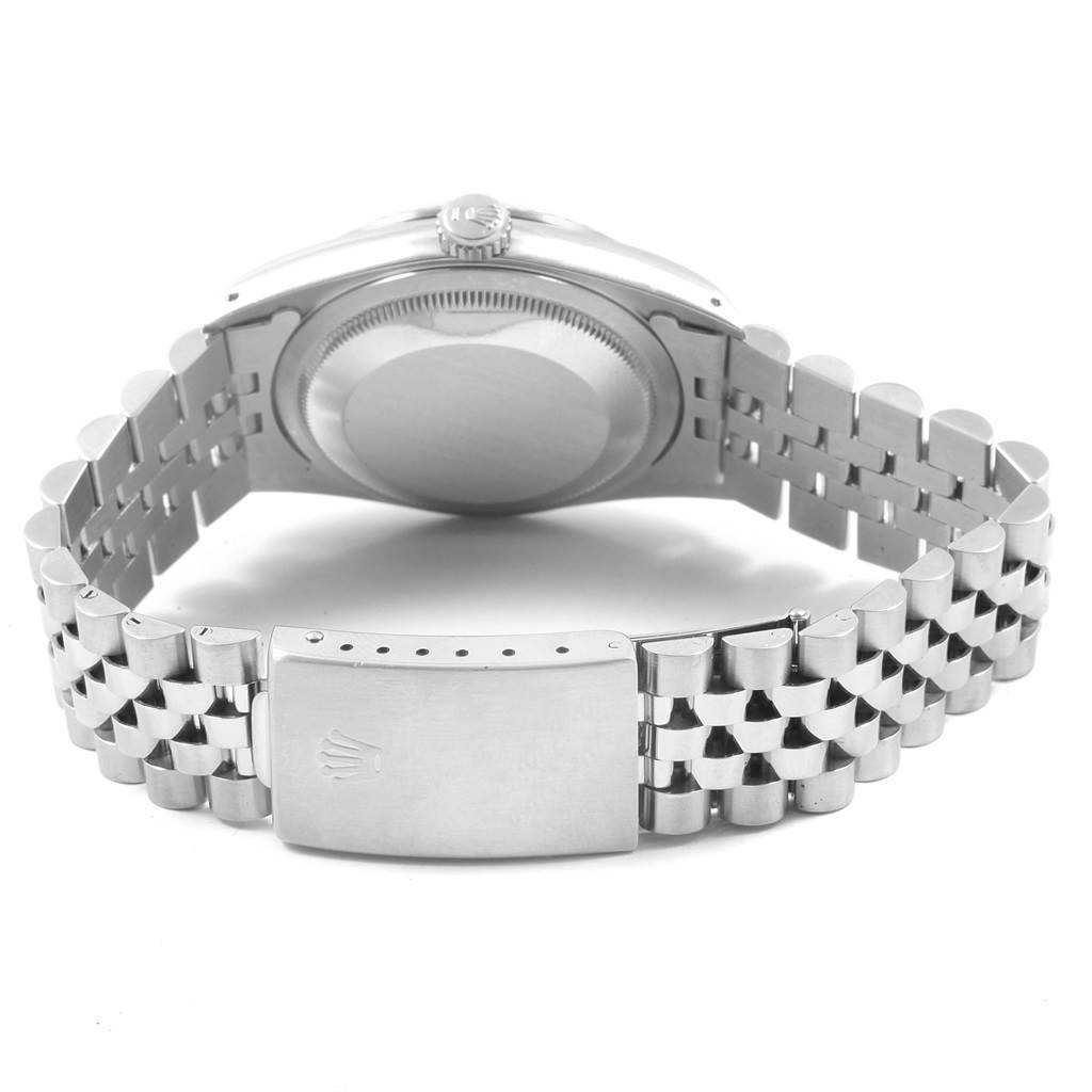 The image shows the back of a Rolex Datejust 16234 Men's Stainless Steel Silver Dial 16234 Men's Stainless Steel Silver Dial model, highlighting the case back and the Jubilee bracelet with a clasp.