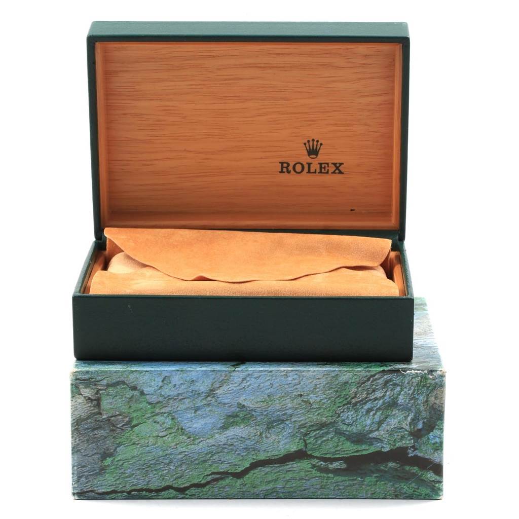 The image shows an open Rolex Datejust 16234 Men's Stainless Steel Silver Dial 16234 Men's Stainless Steel Silver Dial model watch box with a beige suede-like cloth inside.