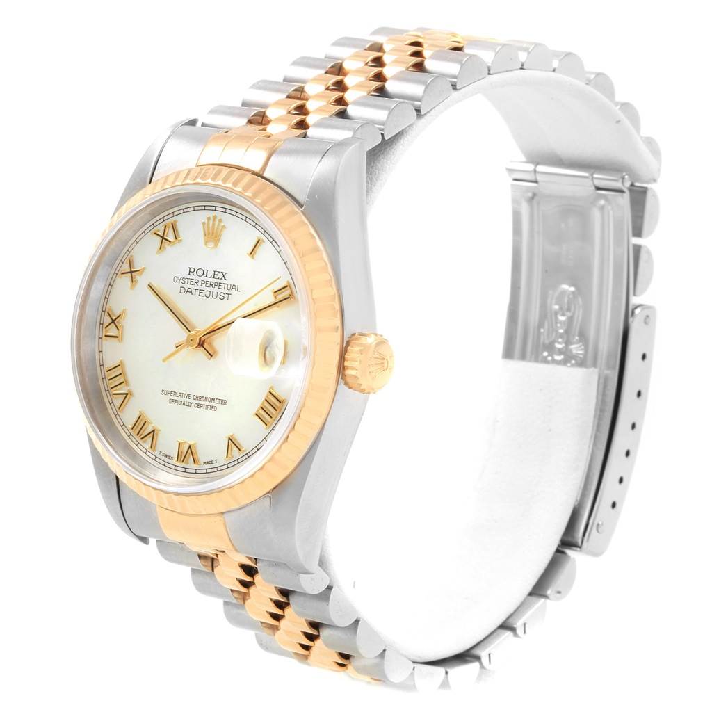 This image shows a side view of the Rolex Datejust 16233 Men's Steel and Gold (two tone) Mother of Pearl Dial 16233 Men's Steel and Gold (two tone) Mother of Pearl Dial watch, highlighting its dial, bezel, and two-tone bracelet.