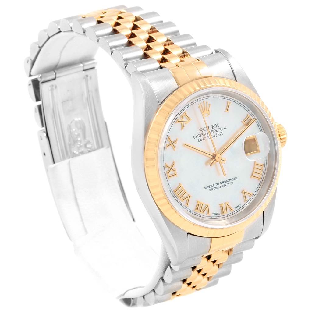 This image shows a Rolex Datejust 16233 Men's Steel and Gold (two tone) Mother of Pearl Dial 16233 Men's Steel and Gold (two tone) Mother of Pearl Dial watch angled to display its face, two-tone bracelet, clasp, and crown.