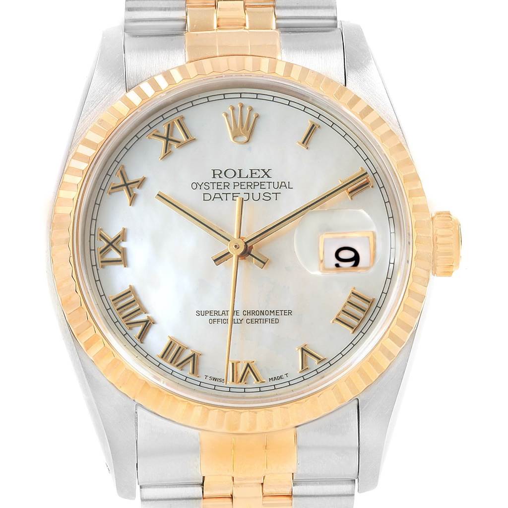This is a front-facing image of the Rolex Datejust 16233 Men's Steel and Gold (two tone) Mother of Pearl Dial 16233 Men's Steel and Gold (two tone) Mother of Pearl Dial watch, showing the dial, bezel, crown, and part of the bracelet.