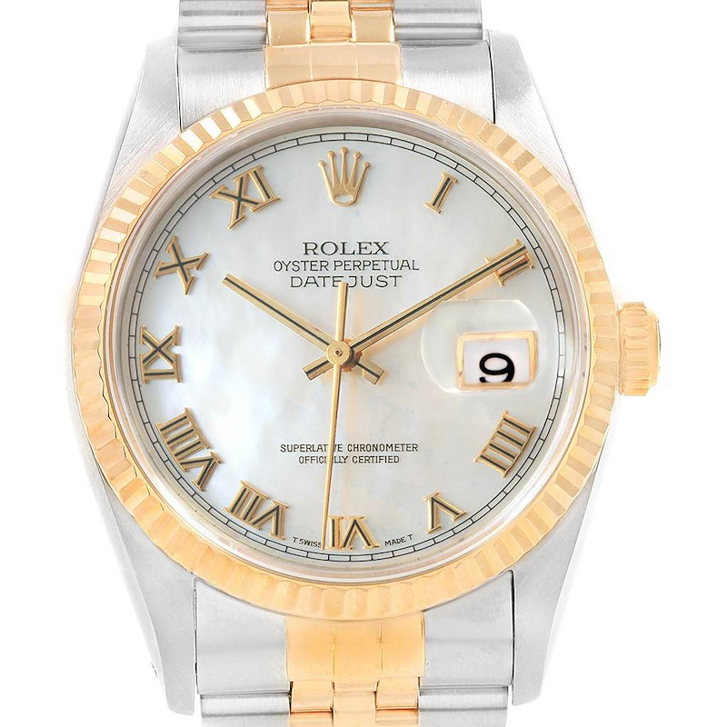 Rolex Datejust 36 Steel Yellow Gold MOP Roman Dial Mens Watch 16233 SwissWatchExpo