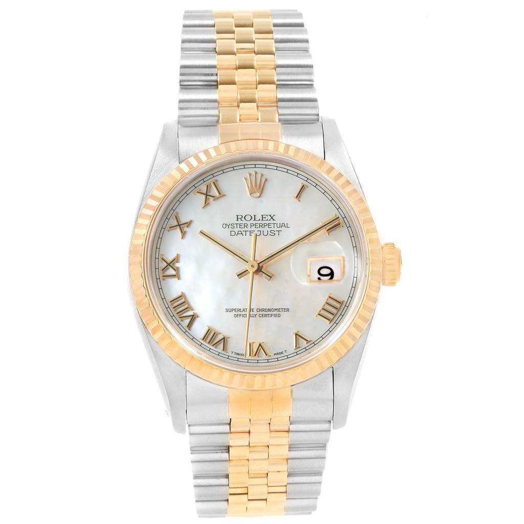 This Rolex Datejust 16233 Men's Steel and Gold (two tone) Mother of Pearl Dial 16233 Men's Steel and Gold (two tone) Mother of Pearl Dial watch is shown from a top-down angle, displaying the face, bezel, and bracelet.