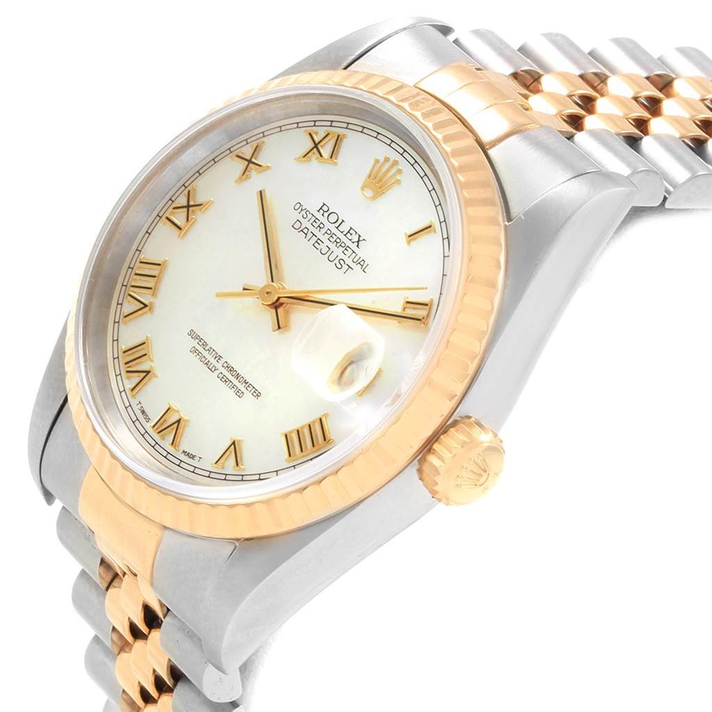 This image shows a Rolex Datejust 16233 Men's Steel and Gold (two tone) Mother of Pearl Dial 16233 Men's Steel and Gold (two tone) Mother of Pearl Dial watch at an angle highlighting the case, dial, crown, and part of the bracelet.