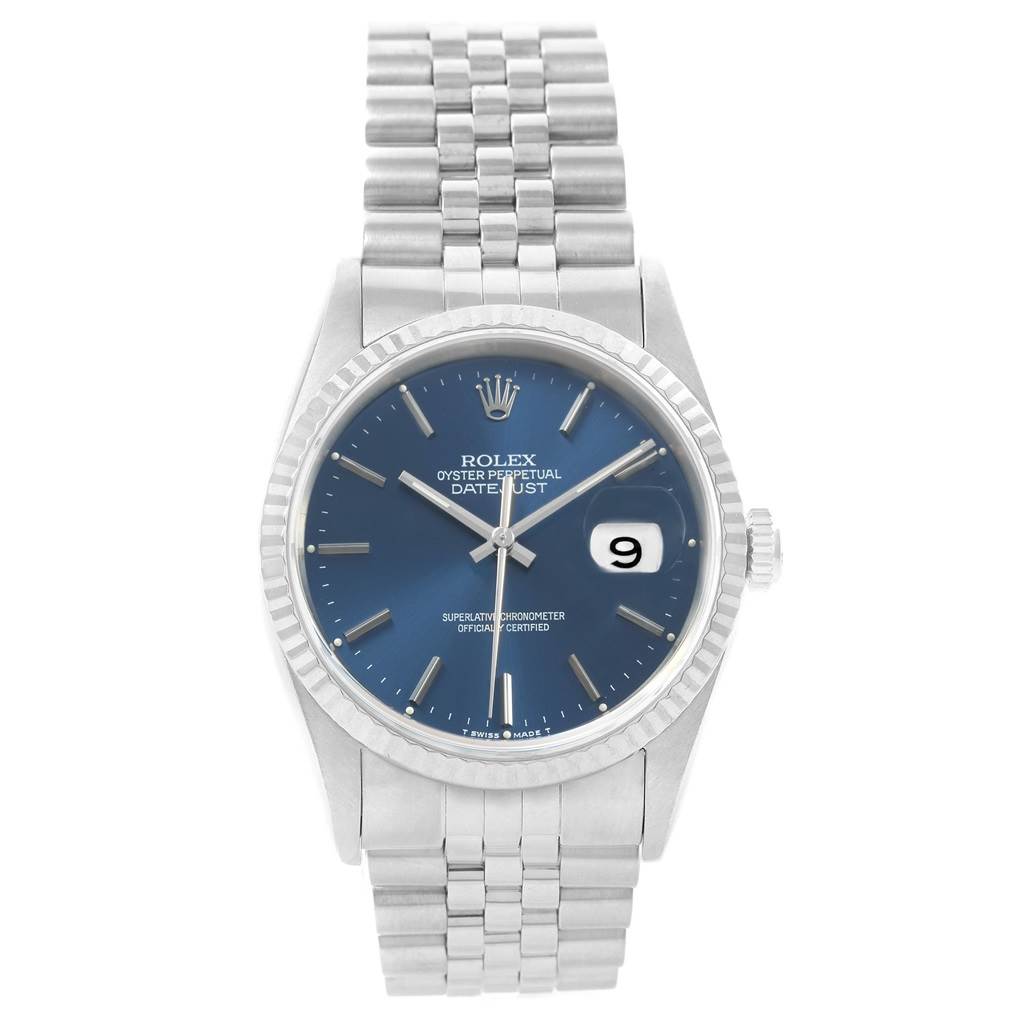 This image displays a front view of a Rolex Datejust 16234 Men's Stainless Steel Blue Dial 16234 Men's Stainless Steel Blue Dial watch, highlighting the blue dial, fluted bezel, and Jubilee bracelet.