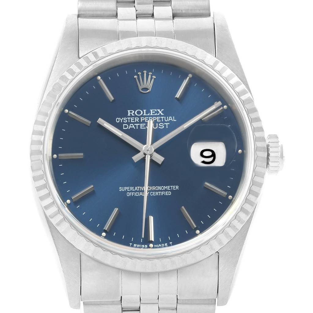 This image shows the front view of the Rolex Datejust 16234 Men's Stainless Steel Blue Dial 16234 Men's Stainless Steel Blue Dial watch, highlighting its blue dial, fluted bezel, and date display.