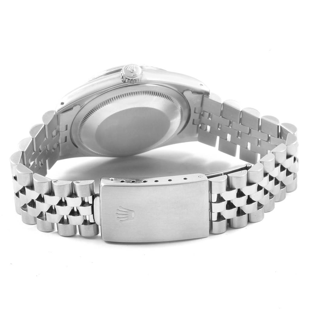 The image shows the back and bracelet clasp of a Rolex Datejust 16234 Men's Stainless Steel Blue Dial 16234 Men's Stainless Steel Blue Dial watch, featuring its jubilee bracelet and caseback.