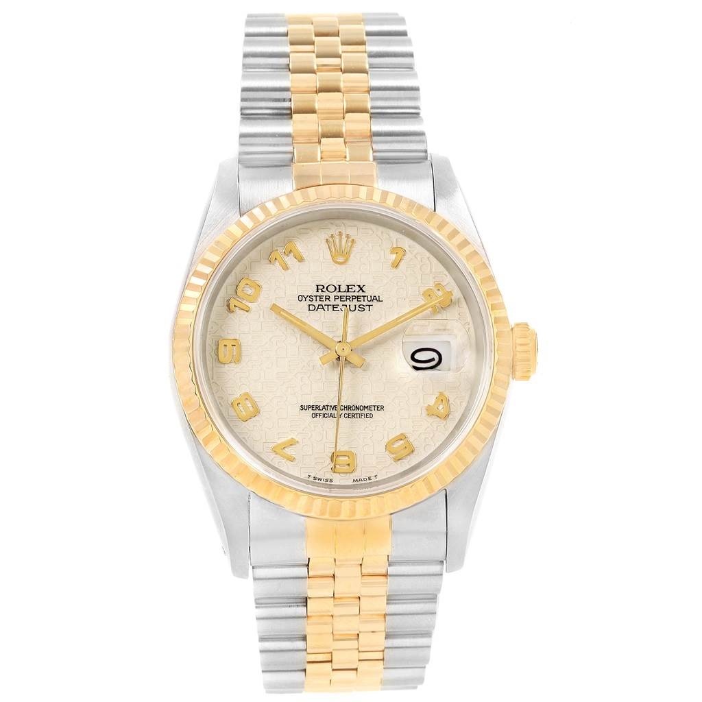 This image shows a Rolex Datejust 16233 Men's Steel and Gold (two tone) Beige Dial 16233 Men's Steel and Gold (two tone) Beige Dial watch from a front angle, displaying its dial, bezel, and two-tone bracelet.
