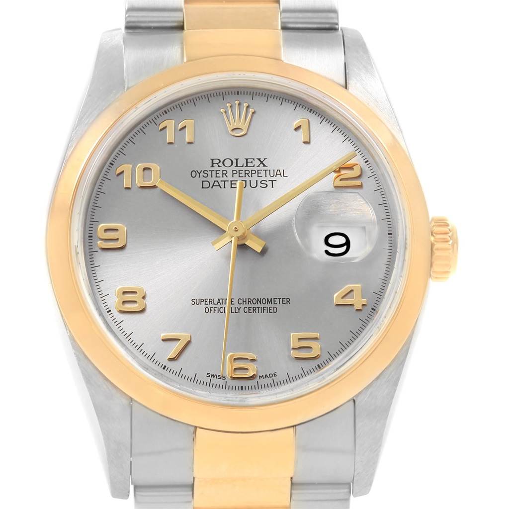 The image shows a front view of the Rolex Datejust 16203 Men's Steel and Gold (two tone) Grey Dial 16203 Men's Steel and Gold (two tone) Grey Dial watch, highlighting its dial, hands, date window, and part of the bracelet.
