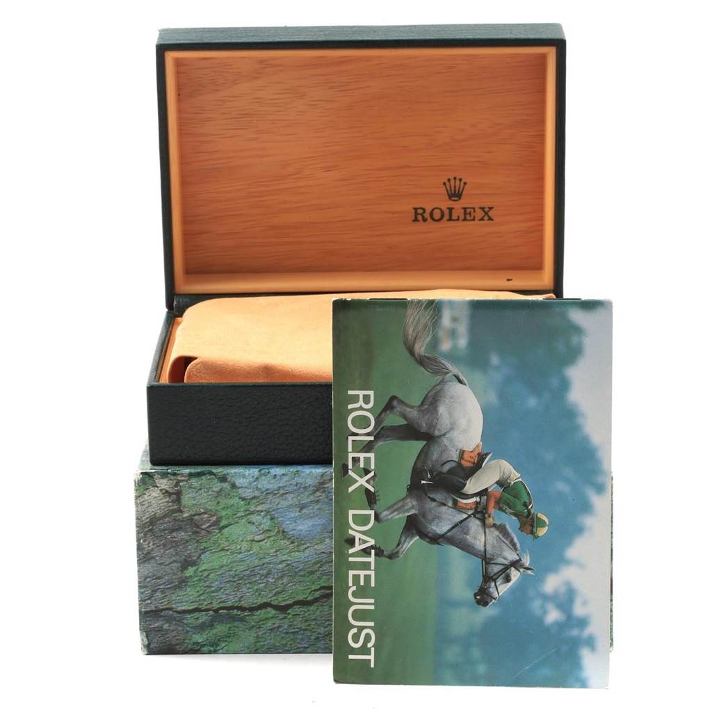 The image shows an open Rolex Datejust 16203 Men's Steel and Gold (two tone) Grey Dial 16203 Men's Steel and Gold (two tone) Grey Dial box and a booklet with a horse-riding image on the cover.