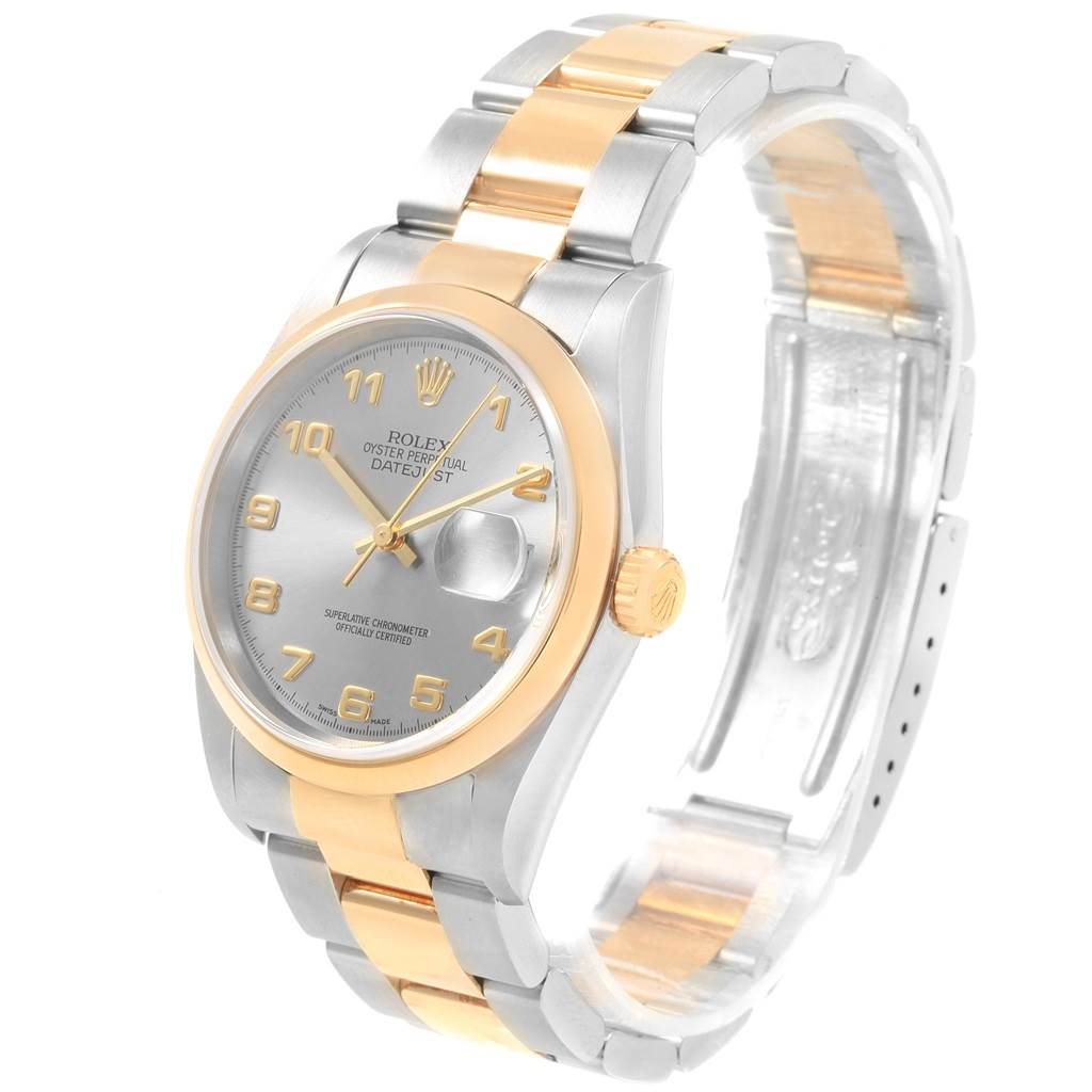 The image shows a Rolex Datejust 16203 Men's Steel and Gold (two tone) Grey Dial 16203 Men's Steel and Gold (two tone) Grey Dial watch at a front angle, highlighting its silver and gold elements, including the dial, bracelet, and crown.