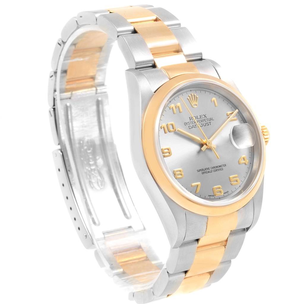 The image shows a Rolex Datejust 16203 Men's Steel and Gold (two tone) Grey Dial 16203 Men's Steel and Gold (two tone) Grey Dial watch angled slightly to the side, highlighting its face, bezel, and two-tone bracelet.