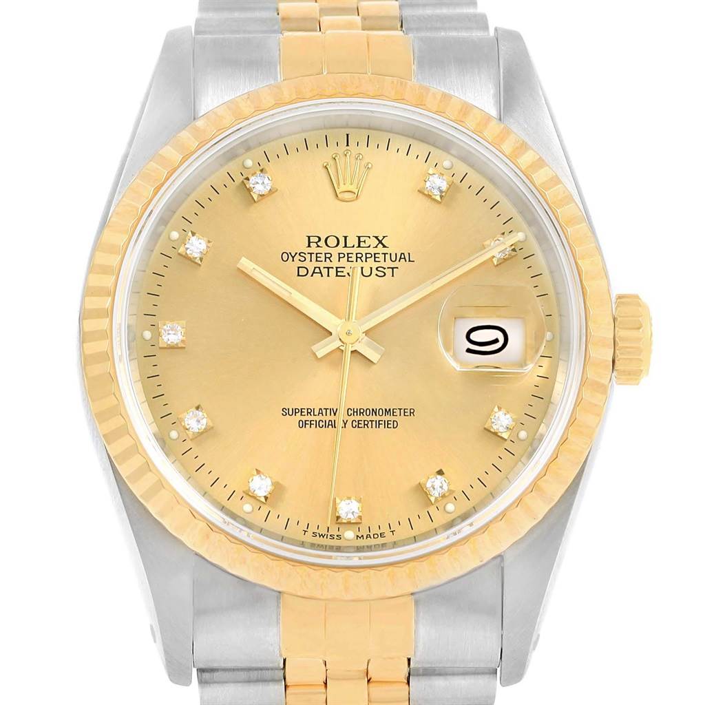 The image shows the dial, bezel, and crown of a Rolex Datejust 16233 Men's Steel and Gold (two tone) Champagne Dial 16233 Men's Steel and Gold (two tone) Champagne Dial watch, viewed from the front.