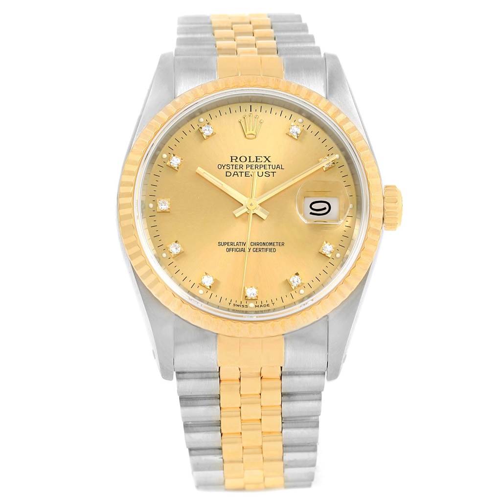This Rolex Datejust 16233 Men's Steel and Gold (two tone) Champagne Dial 16233 Men's Steel and Gold (two tone) Champagne Dial watch is viewed from the front, showing its gold dial, bezel, and two-tone gold and silver bracelet.