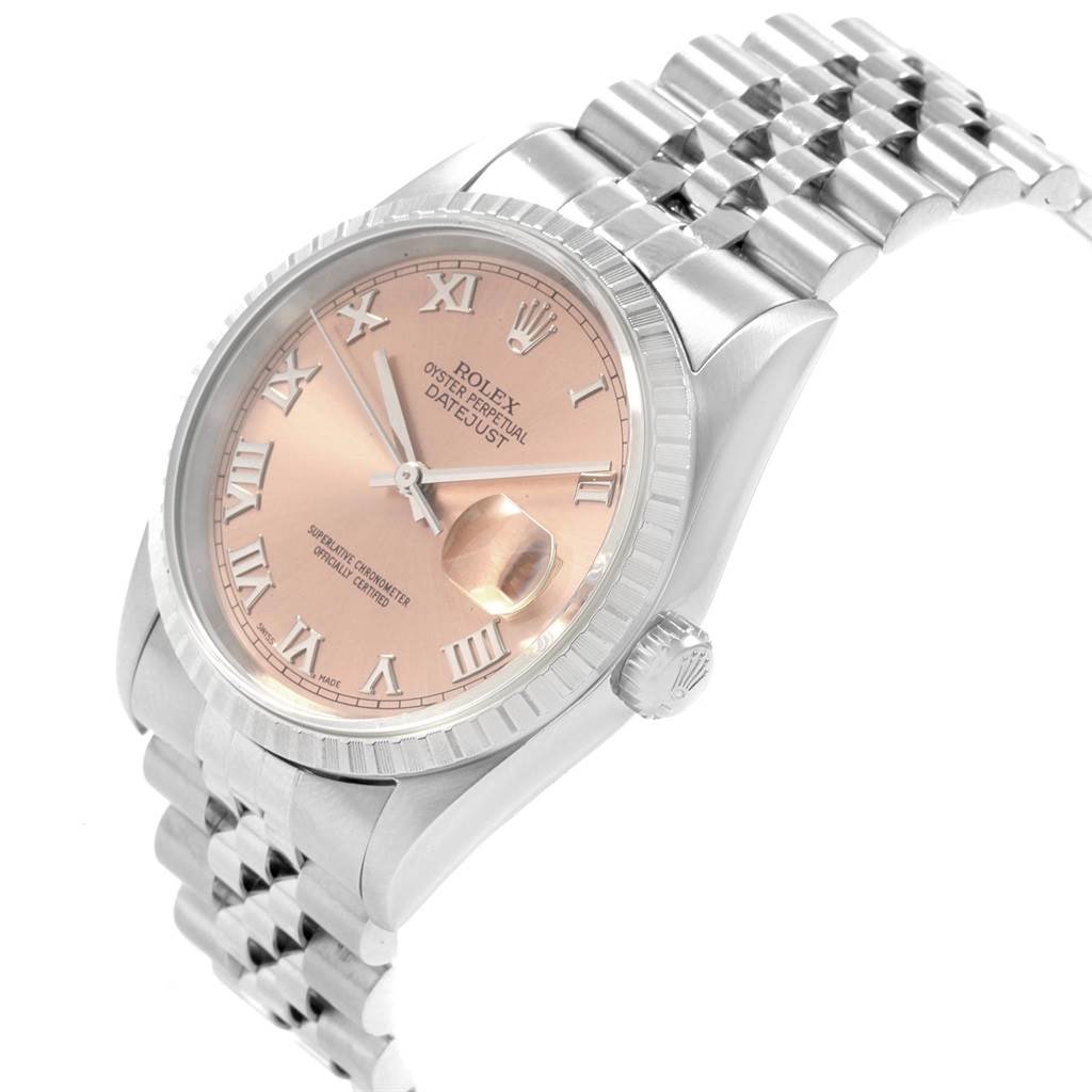 The image shows a Rolex Datejust 16220 Men's Stainless Steel Pink Dial 16220 Men's Stainless Steel Pink Dial watch at a three-quarter angle, highlighting the face, bezel, crown, and bracelet.