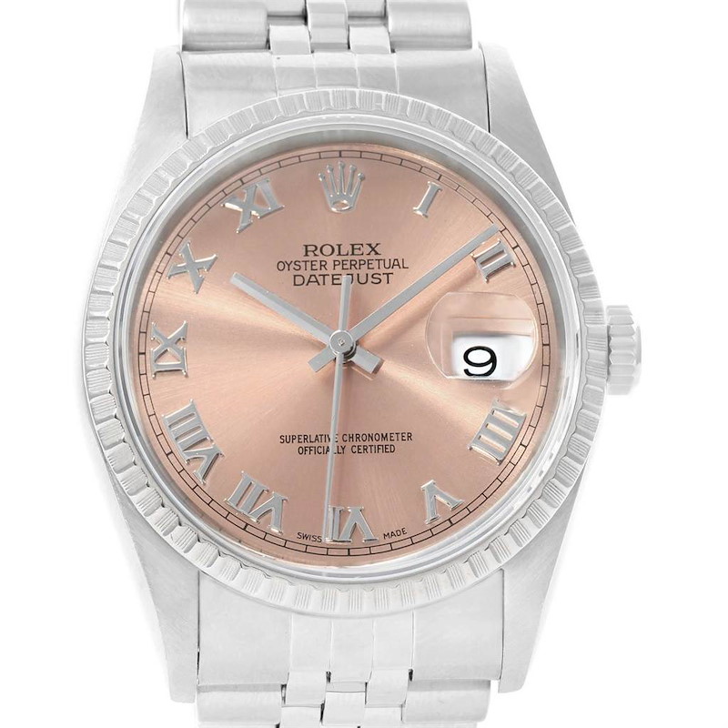 Rolex Datejust 36 Salmon Roman Dial Steel Mens Watch 16220 SwissWatchExpo
