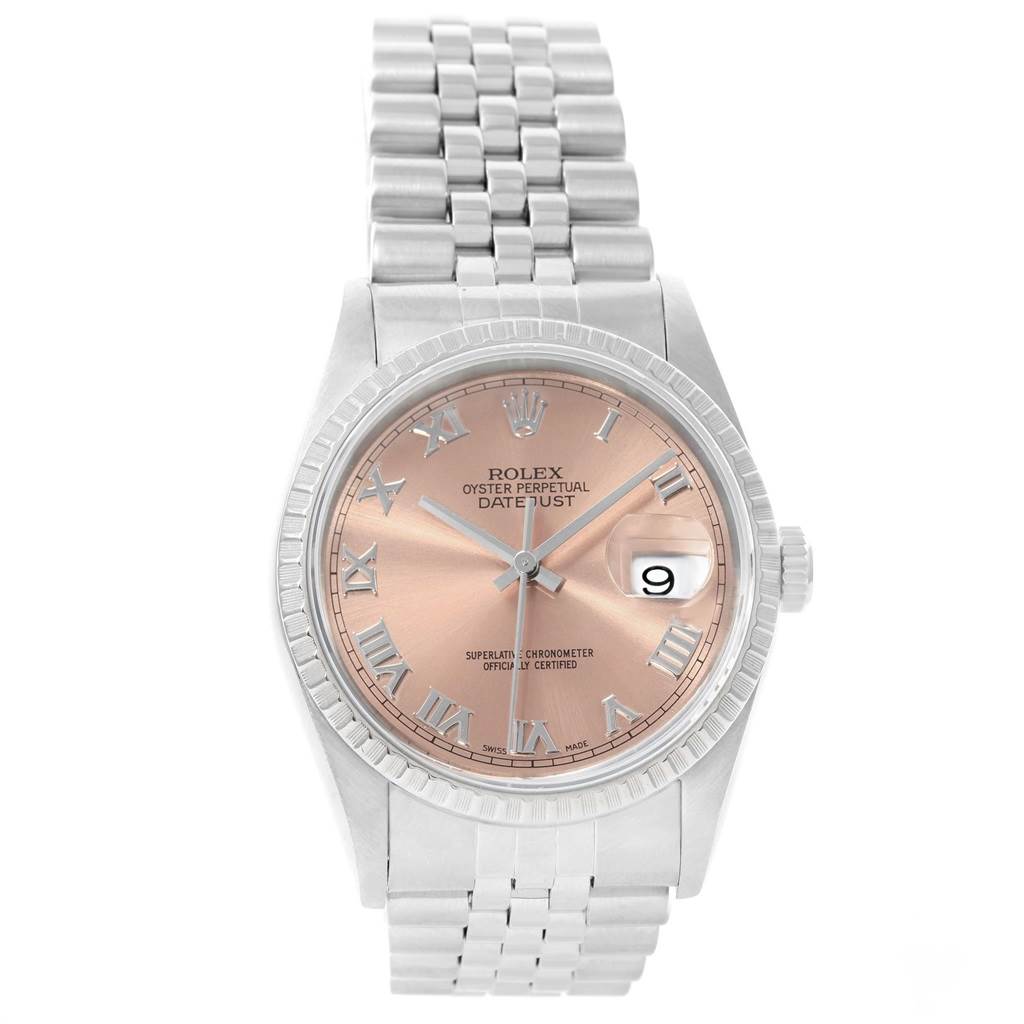 The image shows the Rolex Datejust 16220 Men's Stainless Steel Pink Dial 16220 Men's Stainless Steel Pink Dial watch from a front angle, displaying its dial, bezel, bracelet, and date indicator.