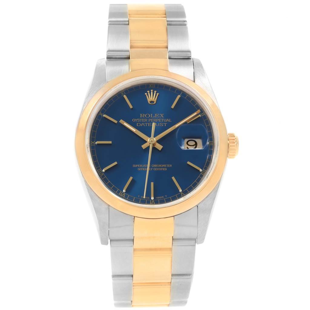 The image shows a front view of the Rolex Datejust 16203 Men
s Steel and Gold (two tone) Blue Dial 16203 Men
s Steel and Gold (two tone) Blue Dial watch, featuring its dial, bezel, and bracelet.