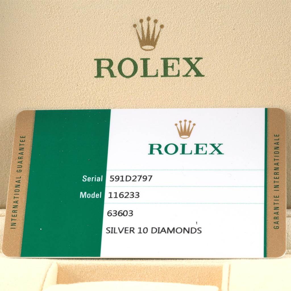 This image shows a Rolex Datejust 116233 Men's Stainless Steel Silver Dial 116233 Men's Stainless Steel Silver Dial model watch's warranty card with serial and model numbers displayed.