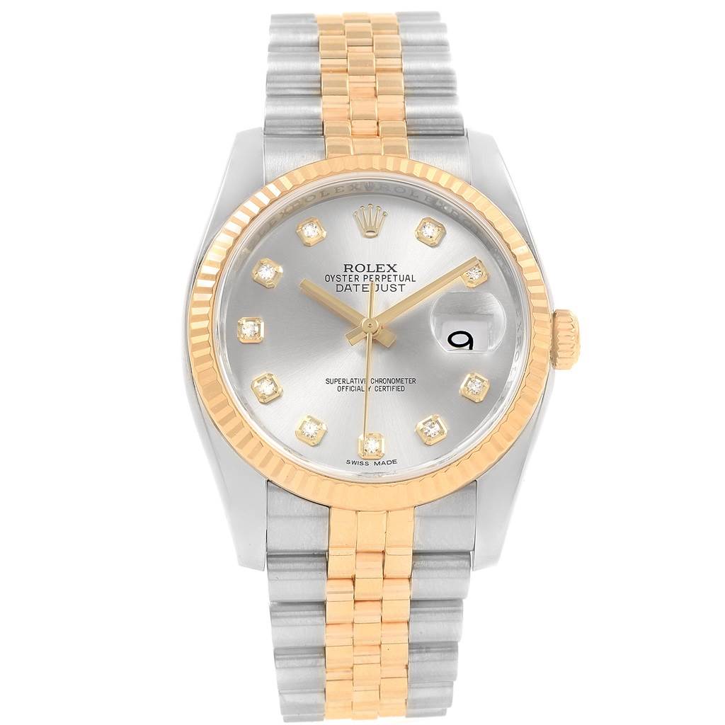 This image shows a front view of a Rolex Datejust 116233 Men's Stainless Steel Silver Dial 116233 Men's Stainless Steel Silver Dial watch, displaying the dial, bezel, crown, and two-tone bracelet.