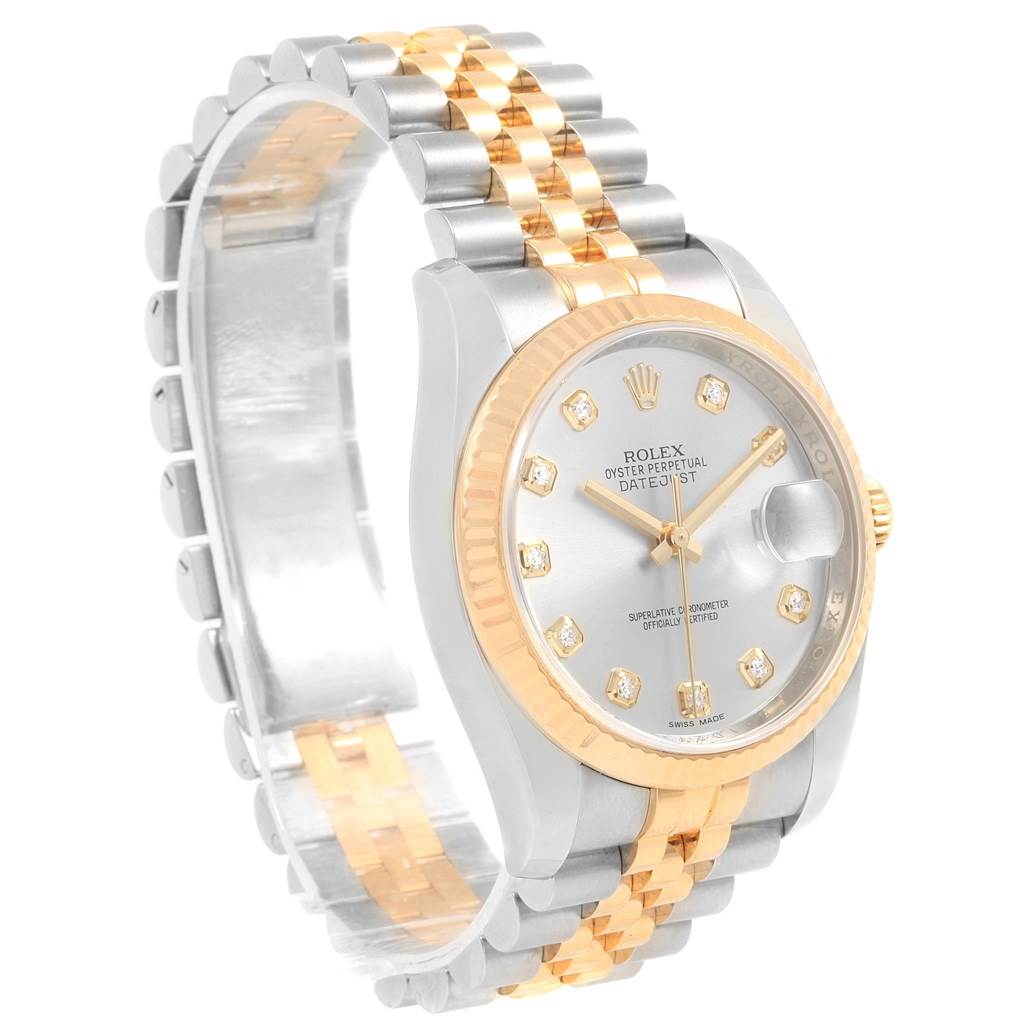 This image shows a Rolex Datejust 116233 Men's Stainless Steel Silver Dial 116233 Men's Stainless Steel Silver Dial watch from an angled side view, highlighting its two-tone bracelet, bezel, and dial.