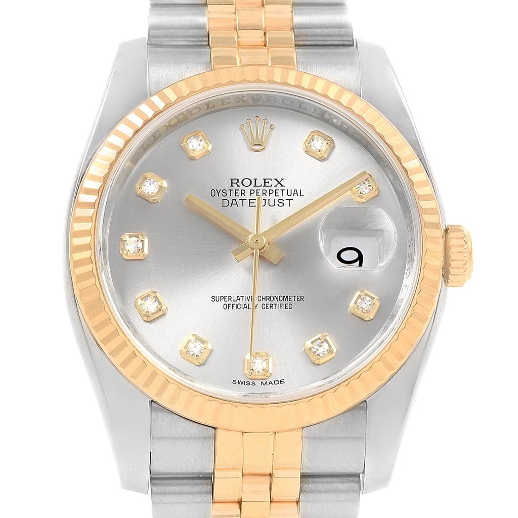 The image shows a front view of the Rolex Datejust 116233 Men's Stainless Steel Silver Dial 116233 Men's Stainless Steel Silver Dial watch, highlighting the dial, bezel, hands, date window, and part of the bracelet.