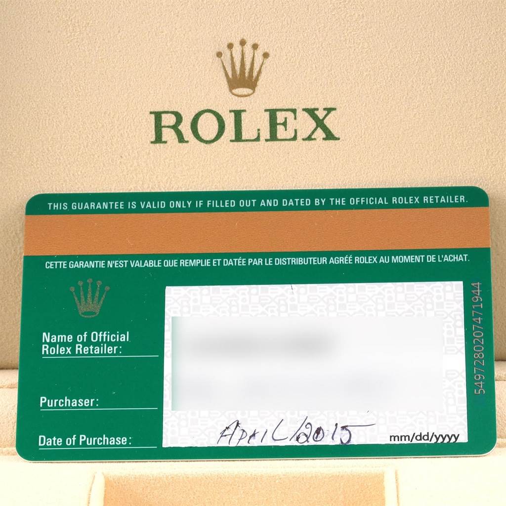 The image shows a warranty card for a Rolex Datejust 116233 Men's Stainless Steel Silver Dial 116233 Men's Stainless Steel Silver Dial watch, featuring the Rolex logo and purchase details.